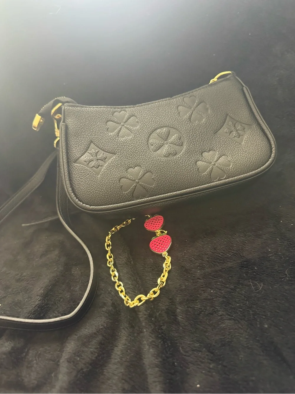 Black Embossed vegan Leather Crossbody Bag with Gold Chain